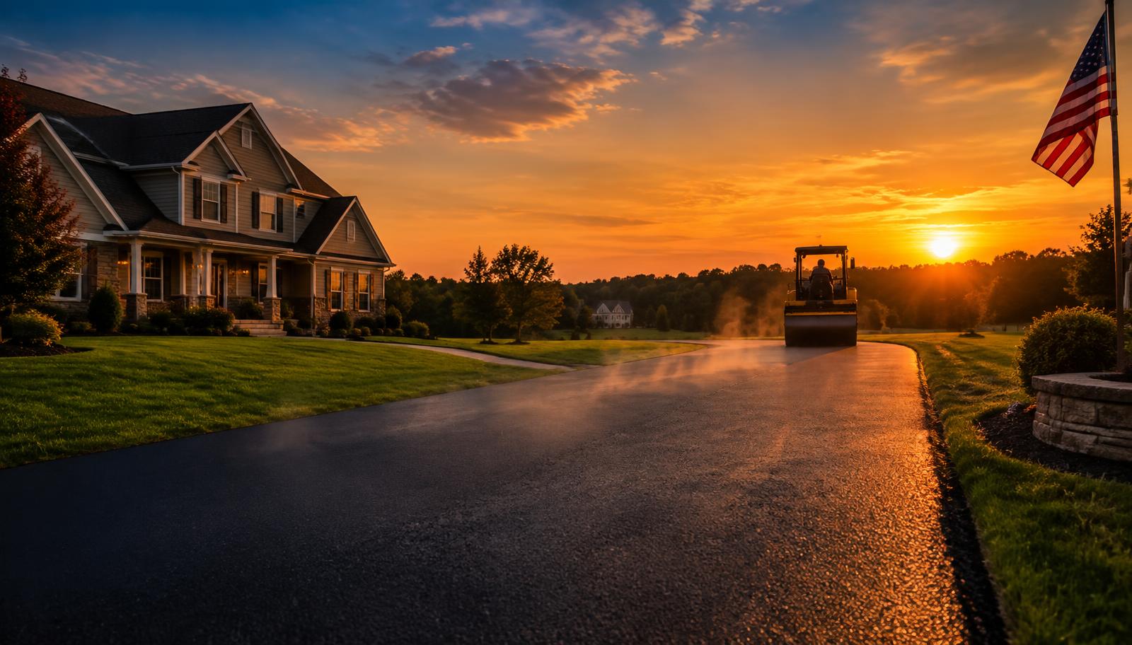 Freshly paved asphalt at golden hour